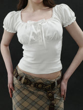 Cyflymder Sweet Solid Cropped T Shirt Casual Slim Folds Square Collar Puff Sleeve Tees Women Summer Fashion Streetwear Laides