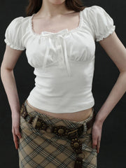 Cyflymder Sweet Solid Cropped T Shirt Casual Slim Folds Square Collar Puff Sleeve Tees Women Summer Fashion Streetwear Laides