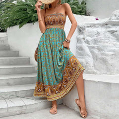 Cyflymder Women Summer Boho Dress Ethnic Style Strapless High Waist A-Line Maxi Dress Floral High Waist Backless Off Shoulder Beach Dress