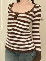 Cyflymder Sweet Slim Casual U Neck Long Sleeve Striped Contrast Color Pullover Knitted Pullovers