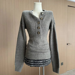 Cyflymder Y2K Slim Gray Sweaters Women Vintage O Neck Long Sleeve Knitted Jumper Casual Buttons Retro Fall Winter Simple Tops Pullover New