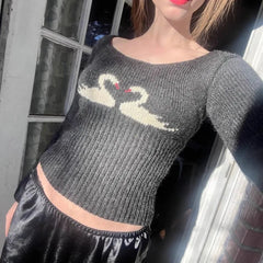 Cyflymder New Autumn Winter O Neck Long Sleeve Knitted Pullovers Y2k Aesthetic Constrast Color Cute Embroidery Sweater All Match Jumper