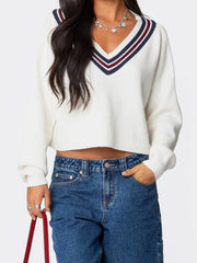 Cyflymder Women s Cozy Oversized Sweaters with V Neckline and Striped Detailing Perfect for Fall and Winter Fashion