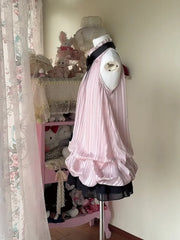 Cyflymder Sweet Pink Halter Neck Bow Vintage Dress Women Japanese Fashion Sleeveless Ruffle Bubble Lovely Dresses New Slim Elegant Clothes