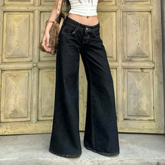 Cyflymder Retro Black Loose Wide Leg Denim Jeans Women's All-Match Low Waist Trousers Y2K Streetwear Denim Trousers Casual Outfit