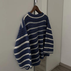 Cyflymder Women Y2K Blue White Striped Crochet Sweater Round Neck Long‑Sleeve Hollow‑Out Loose Fit Knit Top Casual Pullover Blouse