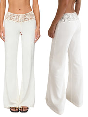 Cyflymder Ladies Crochet Waistband Drawstring Trousers in Solid Color with Flared Legs - Stylish and Comfortable Mid Rise Pants