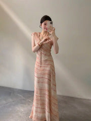 Cyflymder Pink Smudge Dress Women's Summer New V-neck Flying Sleeves Straps Waist Temperament Dress
