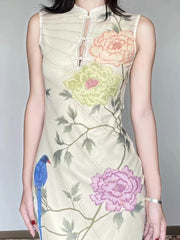 Cyflymder Neo Chinese Style Vintage Printing Dresses Y2k Aesthetic Sleeveless Mini Vestidos Harajuku Hollow Out Button Grunge Woman Dress