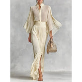 Cyflymder Apricot Women's Suit 2026 Spring New Ruffles Neck Flare Sleeve Tops High Waist Folds Slit Mermaid Skirt Sets 196198