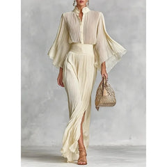 Cyflymder Apricot Women's Suit 2026 Spring New Ruffles Neck Flare Sleeve Tops High Waist Folds Slit Mermaid Skirt Sets 196198