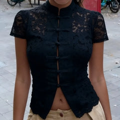 Cyflymder Y2k Lace Hollow Out Shirts Cardigan Women's Short Sleeve See-Through Patchwork Commute Top Female Summer Lace Blouses