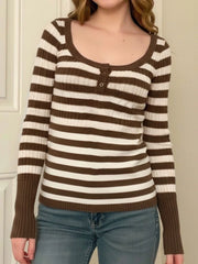 Cyflymder Sweet Slim Casual U Neck Long Sleeve Striped Contrast Color Pullover Knitted Pullovers