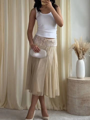 Cyflymder Sheer Mesh Lace Trim Midi Skirt Slim Fit Flared Silhouette Summer Elegant Women Casual Skirt Retro Chic Lady Daily Bottom