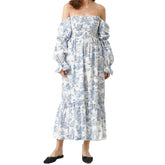 Cyflymder Women's Autumn Elegant Flowy Hem Long Dress Puff Long Sleeve Off Shoulder Beach A-Line Dresses Solid Color/Floral Dress Vestidos