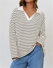 Cyflymder Fashion Colorblocking Lapel Pullover Hoodie Women Autumn Loose Stripe Sweatshirt Female Daily Comfortable Casual Tops Streetwear