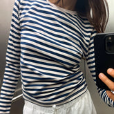 Cyflymder Women Striped Long Sleeve Crop Top Fall Casual Basic Tee Going Out Fitted Crew Neck Pullover Tight Shirts Streetwear