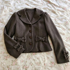 Cyflymder Women Sweet Preppy Style Autumn Winter Jacket Casual Single Cropped Coat with Bow Detail Y2K Retro Harajuku Mood-Girl Aesthetic
