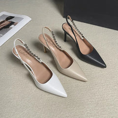 Cyflymder 8cm Ultra High Heels Diamond Shoes Woman Stiletto Pumps Solid Leather Sandals OL Ladies Office Slingback Tacones Mujer Escarpins