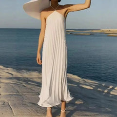 Cyflymder Summer New Loose Sleeveless Wrap Chest Dress Polyester Fabric Pleated Pure Color Midi Skirt Style Comfortable Independent Sta...