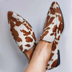 Cyflymder Cow Print Loafers Casual Pointed Toe Low Heels Shoes Size 34-43 Shallow Single Shoes
