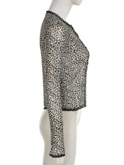 Cyflymder See Through Leopard Printed Mesh T Shirt Cardigans Sexy Slim Lace Trim O-Neck Long Sleeve Split Tees Women 2025 Summer