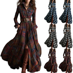 Cyflymder Ladies' High-end Fashion French Vintage Check Waist-cinching Slimming Asymmetrical Long-sleeved Dress Chic Streetwear Clothes