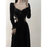 Cyflymder French Style Powerful Women's Formal Dress High-end Light Luxury Niche Retro Black Velvet Dress Autumn New Collection Dresses