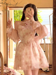 Cyflymder Korean-style slimming pink rose chiffon halter neck dress Chiffon Print Dress Women Retro Sweet Spaghetti Strap Corset Dress