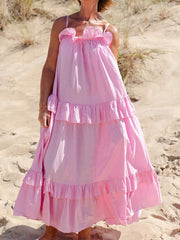 Cyflymder Summer Maxi Dress for Women Sleeveless Spaghetti Strap Ruffle Tiered Maxi Sundress Loose Backless Long Beach Dress