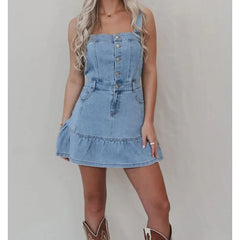 Cyflymder Spring/Summer New Temperament Commuter Fashion Suspender Spice Girl Denim Women's Dress