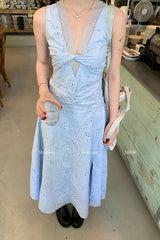 Cyflymder Dusty Blue Mixed Lace Cutout Sundress Women Waist Defined Sleeveless Flowy Summer Embroidered Tiered Hem Floral Print