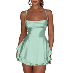 Cyflymder Ladies' Silk And Satin Elegant Sexy Slim Beautiful Backless Short Dress Cowl Neck Cross Spaghetti Strap Party Pleated Mini Skirt