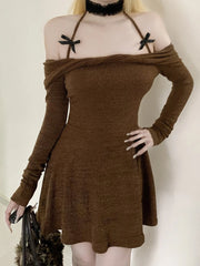 Cyflymder Autumn Sweet Y2k Halter Slash Neck Long Sleeve Solid All Match Slim Short knitted Dresses
