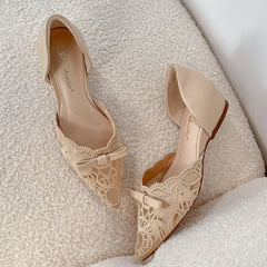 Cyflymder Low Heel Pumps Woman Height Increase 5CM Lace Bow Breathable Hollow Single Shoes Women's New Retro Mesh Pointed Flat Shoes