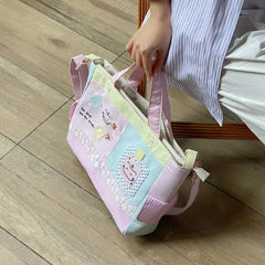 Cyflymder All Match Kawaii Cat Embroidery Crossbody Bag Fashion Y2k Chic Canvas Bags Contrast Color Plaid Patchwork Lace Shoulder Handbags