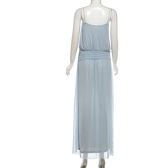Cyflymder Women Solid Mesh Camisole Split Maxi Dress Fashion Spaghetti Straps Backless Ruched Vacation Beach Long Robe Party Outfits