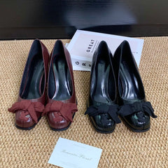 Cyflymder Vintage Square Toe High Heels for Women,Designer Bowknot Block Heel Slip-On Pumps,New Elegant Versatile Leather Shoes for Party