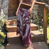 Cyflymder Vintage Floral Printed Contrast Color Waist Long Skirts Women's Elegant Asymmetry Hem Loose Mesh Outfits Double Layers