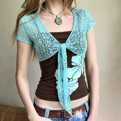 Cyflymder Women's Chic Summer Lace Crop Top Light Blue Overlay Tie-Front Design Short Sleeve Two Pieces Design And Stylish Layered Looks
