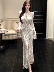 Cyflymder wedding guest outfit 2025 New White Lace Hook Flower Hollow Chic Bandage Dress Women Korean Fashion Prom Dress Autumn Winter Elegant Evening Dresses