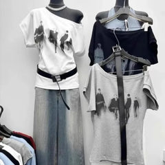 Cyflymder Summer Lazy Streetwears Skewn Collar Short Sleeve T Shirts Y2k Aesthetic Vintage Personality Women Clothes Punk with Belt Tops