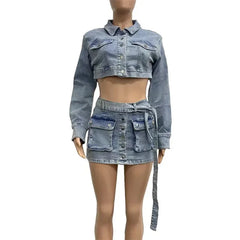 Cyflymder Women Ultra Short Jacket Denim Suits High Waist Lace-up Single-breasted Open Crotch Splicing Pockets Skirt Female Two Piece Sets