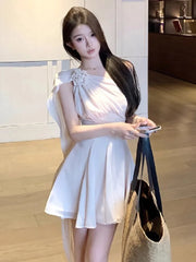 Cyflymder Women Dresses Elegant Sleeveless Chiffon Flowers Ribbon Backless Temperament Summer Fashion Party Mini Dress Ladies