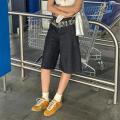 Cyflymder Women's Grid Pattern Splicing Knee Length Summer Shorts Young Girl High Waist Solid Color Bottom Female Capris Straight Trousers