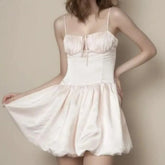 Cyflymder Women Sexy Pink Bow Ruched Chest Corset Style Satin Sling Dress Low Back Slim Waist Spliced Pleated Swing A line Mini Party Robe