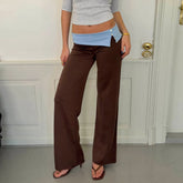 Cyflymder Y2K Low Rise Wide Leg Pants For Women Contrast Color Foldover Waist Flare Trousers Vintage 2000s Casual Bootcut Palazzo Pants