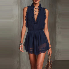 Cyflymder Sexy Lace Trim V-neck Vacation Mini Dress Casual Sleeveless Elastic Waist Solid Short Dress Elegant Ruffle Women's Party Dresses