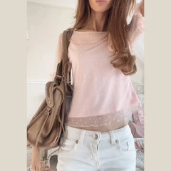 Cyflymder Elegant Pink Dotted Mesh Blouse Women Off Shoulder Ruffle Hem Long Sleeve Casual Cute Top Chic Lady Date Night Vacation Tops