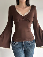 Cyflymder Autumn Temperament Lace Patchwork V Neck Flare Sleeve Solid Slim Sexy All Match Top Female